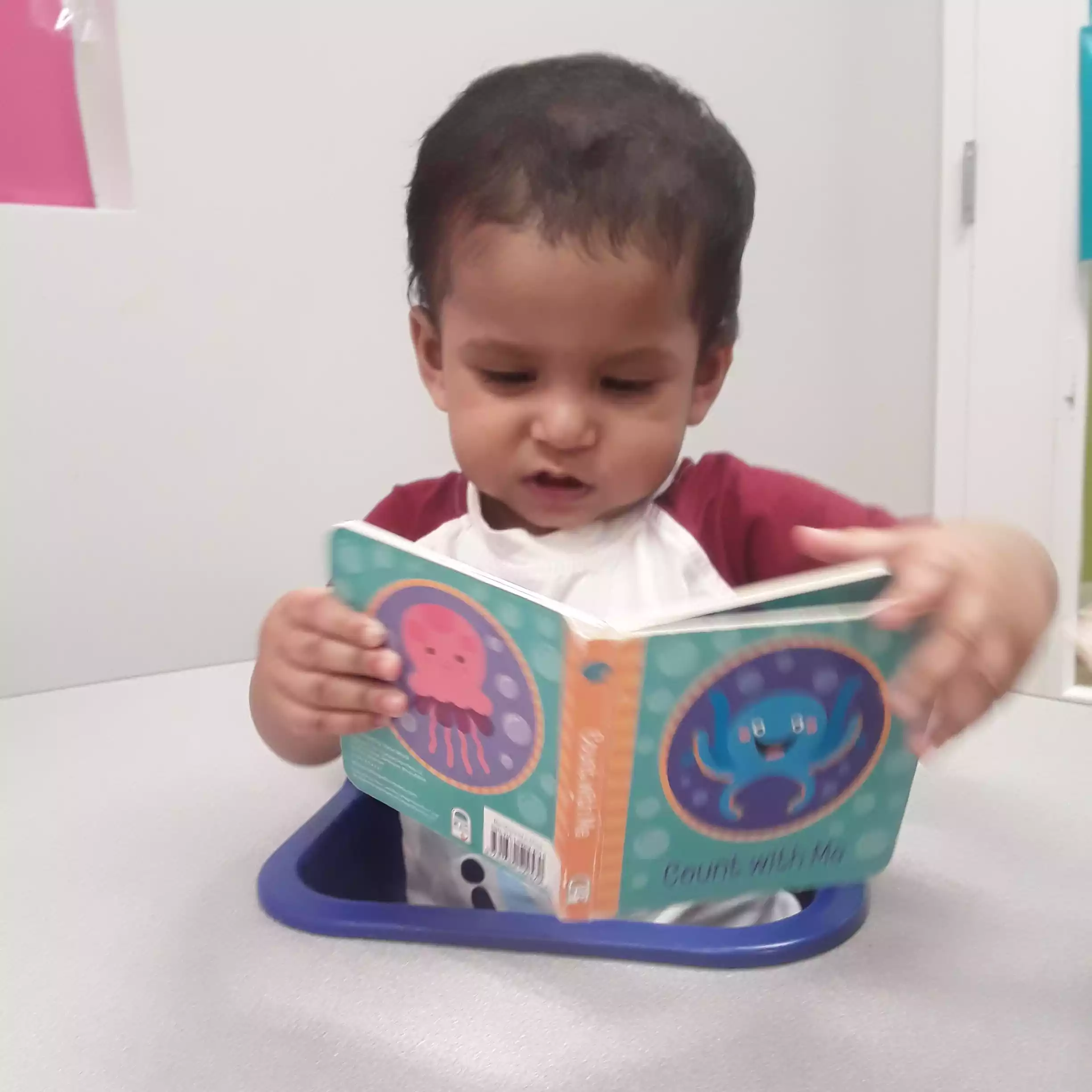 Infant Turning Pages of an Ocean Picture Book - Pinebrook- Preschool - Pinebrook- Preschool Infant reading board book at feeding table in daycare