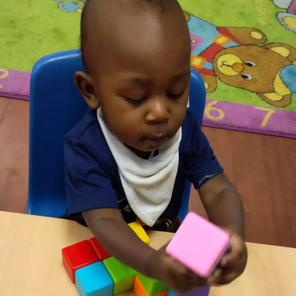 Toddler building block tower at Pinebrook Montessori