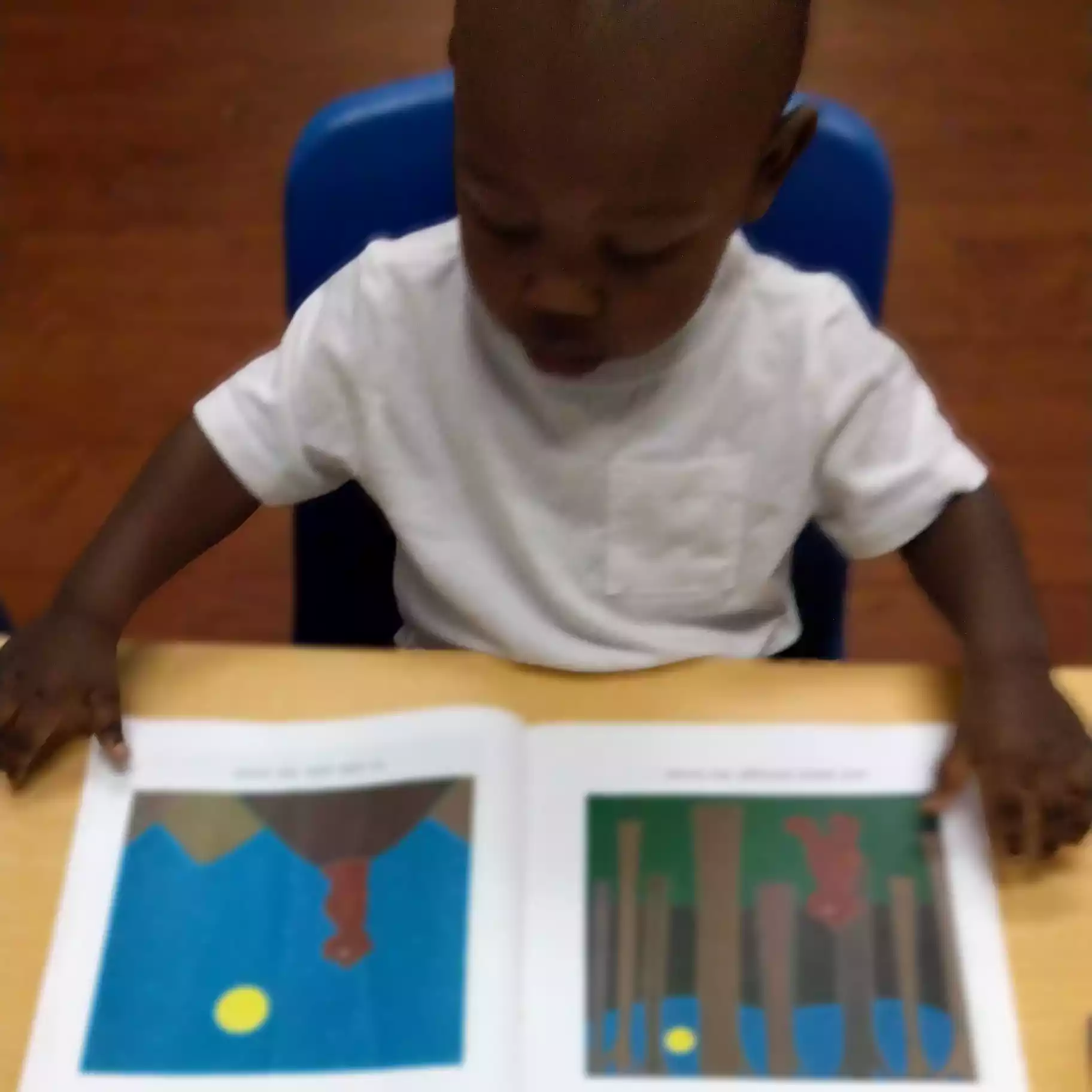 Pinebrook Pre-K Student Reading Picture Storybook - Pinebrook- Preschool - Pinebrook- Preschool Child reading picture book at Pinebrook Montessori